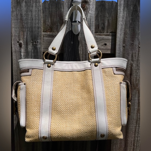 Coach Large Legacy Tote in White Leather & Natural Straw - Picture 2 of 10